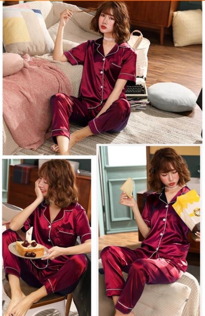 Setelan Piyama Baju Tidur Wanita CP silk/Piyama Lengan Pendek Krah Kancing Polos Bahan Satin Premium