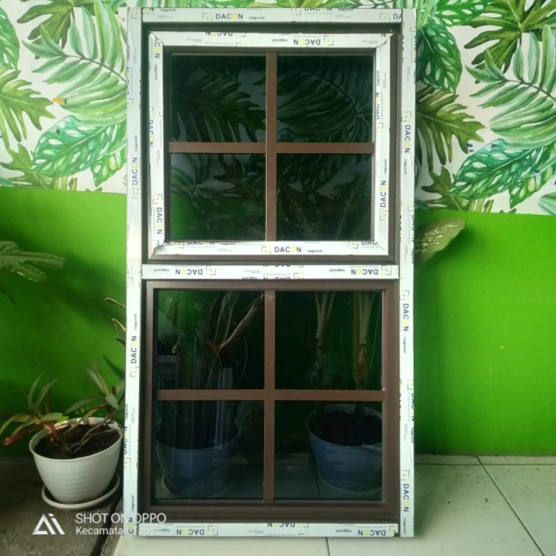 Kusen jendela aluminium kaca mati 150x40 dobel ornamen