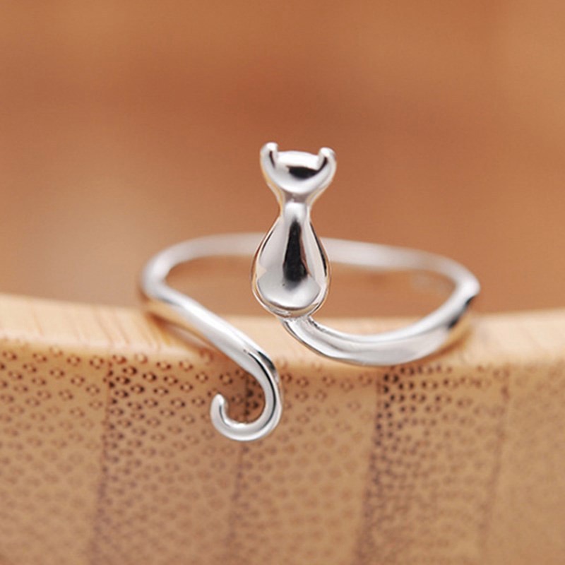 Cincin Handmade Adjustable Desain Kucing Warna Silver Untuk Wanita