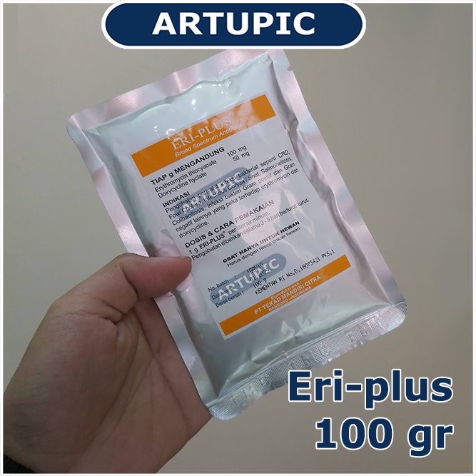 Eri-plus 100 gram Obat CRD Snot Ternak Hewan Unggas Efektif membunuh mikroorganisme Haemophilus Pasteurella Salmonella Ecoli Streptococcus Staphylococcus Mycoplasma yang peka terhadap Erythromycin dan Doxycycline.