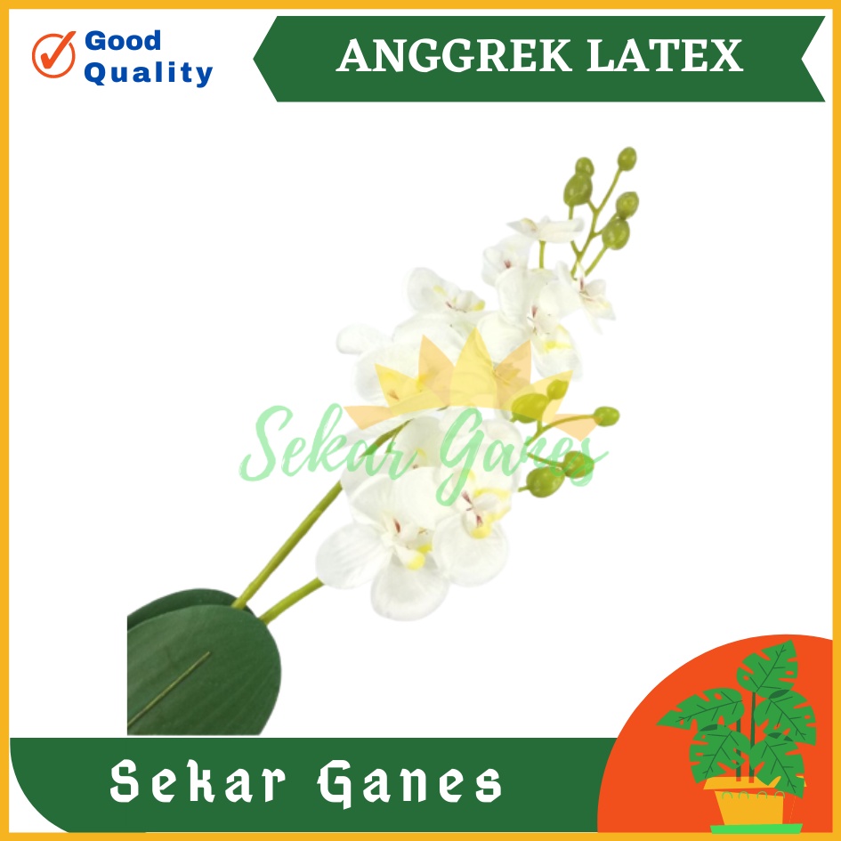 BUNGA ANGGREK LATEX 2CABANG 2DAUN SEDANG/BUNGA ANGGREK LATEX ARTIFICIAL TANAMAN ANGGREK PALSU IMITASI 12 KELOPAK KUNTUM