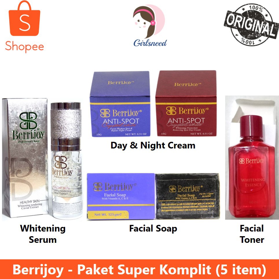 Berrijoy Paket Super Komplit 5 item Cream Siang Malam Sabun Serum Toner Whitening Essence Anti Spot