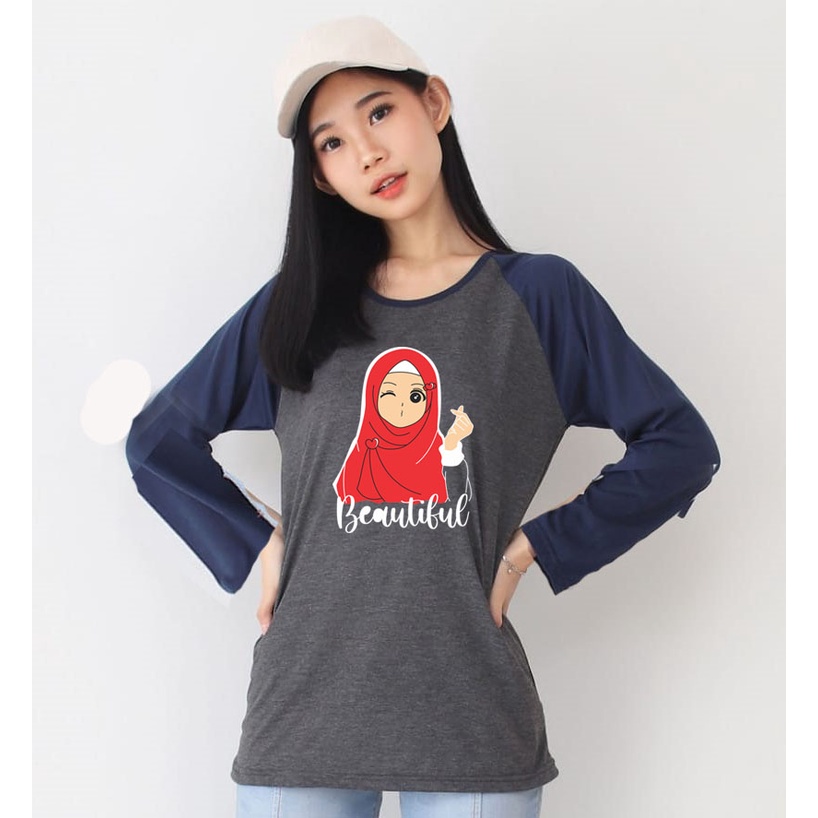 Kaos Raglan Abu Tua Lengan Panjang Gambar Cewek Hijab