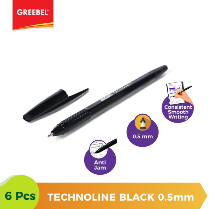 Ballpen Hitam Pulpen Greebel Ballpoint Technoline0.5 Black - 6pcs.