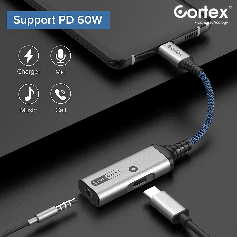 Cortex Adapter Splitter 2 in 1 Fast charging 60W Tipe c to 3.5mm to Type C USB C Open Mic