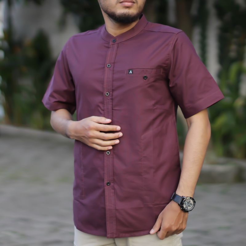 BAJU KEMEJA KOKO LENGAN PENDEK BAHAN OXFORD WARNA MAROON M L XL