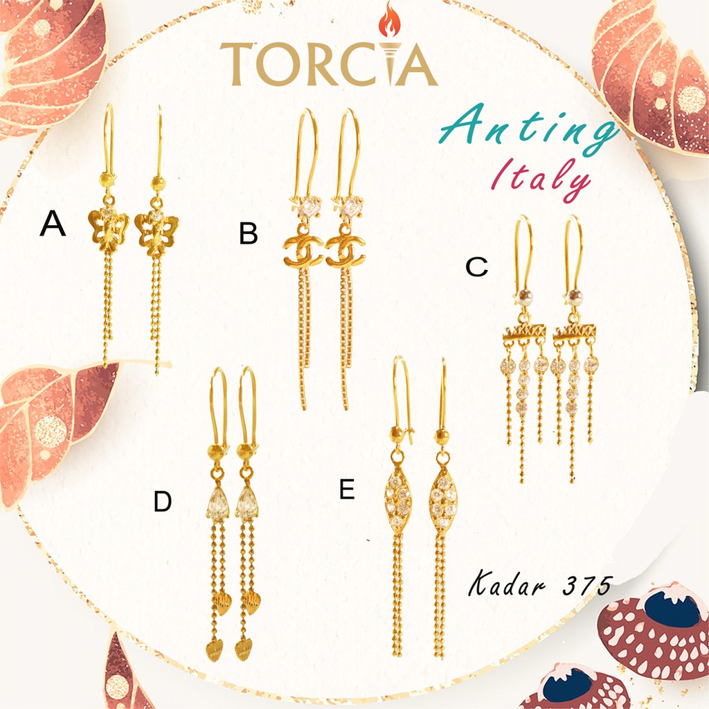 Anting Italy Emas Asli Model Panjang Mewah Kadar 375 Torcia