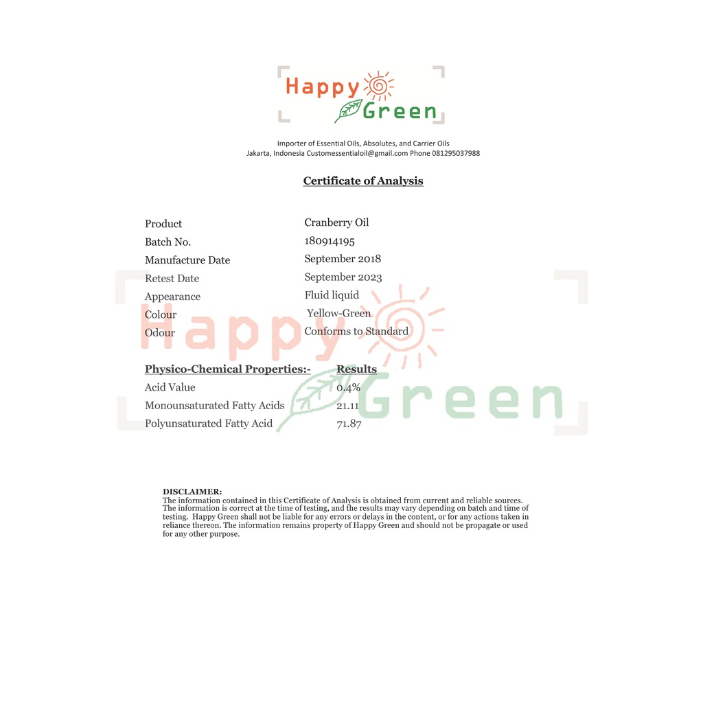 Happy Green ORGANIC Cranberry Seed Oil - Minyak Biji Cranberry