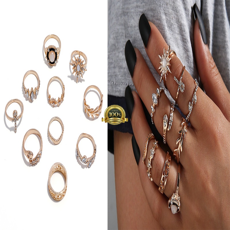 10 pcs Cincin Berlian Gaya Bohemian | Hadiah Perhiasan Wanita Paduan Emas Baru