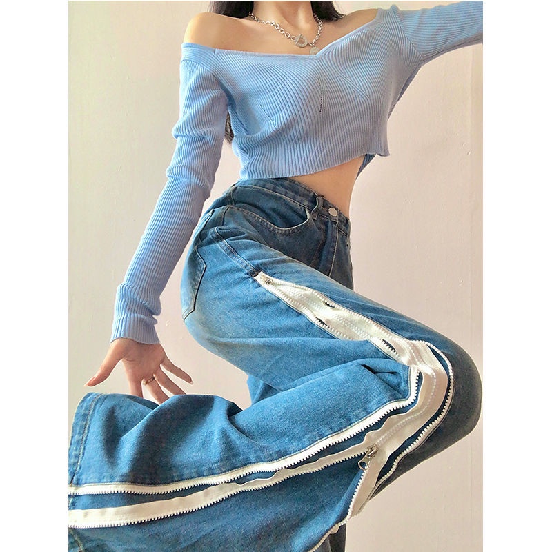 Suhao Double Side Zipper Wide Leg Jeans Celana Panjang Wanita Straight Trap Flared Pants Desain Sense Small High Street Pants