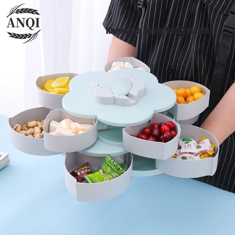 ANQI 1888 Toples Bunga Mekar,rotating Putar Kue/Candy/Snack/buah Tingkat 2 Susun + Tempat Dudukan HP