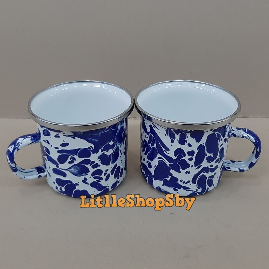Gelas Cangkir Mug Enamel 6cm Biru Blirik Loreng