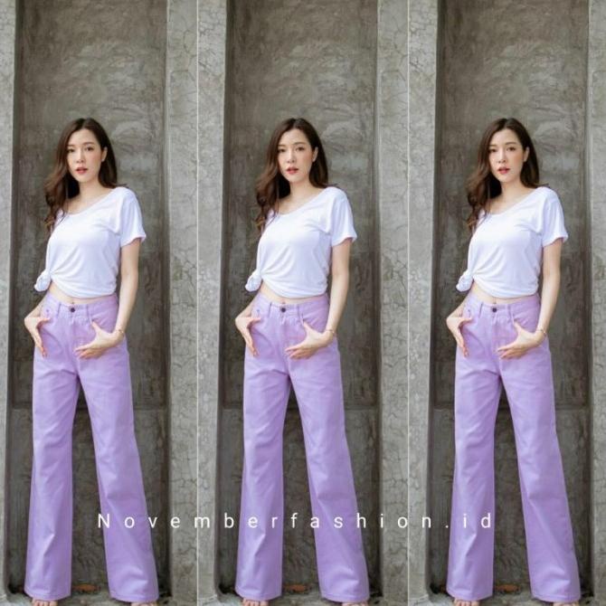 Kulot jeans ungu lilac highwaist celana jeans wanita panjang kekinian