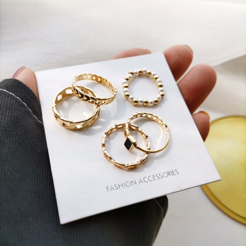 5pcs / set Cincin Jari Telunjuk Model Rantai hollow Gaya Korea Jepang