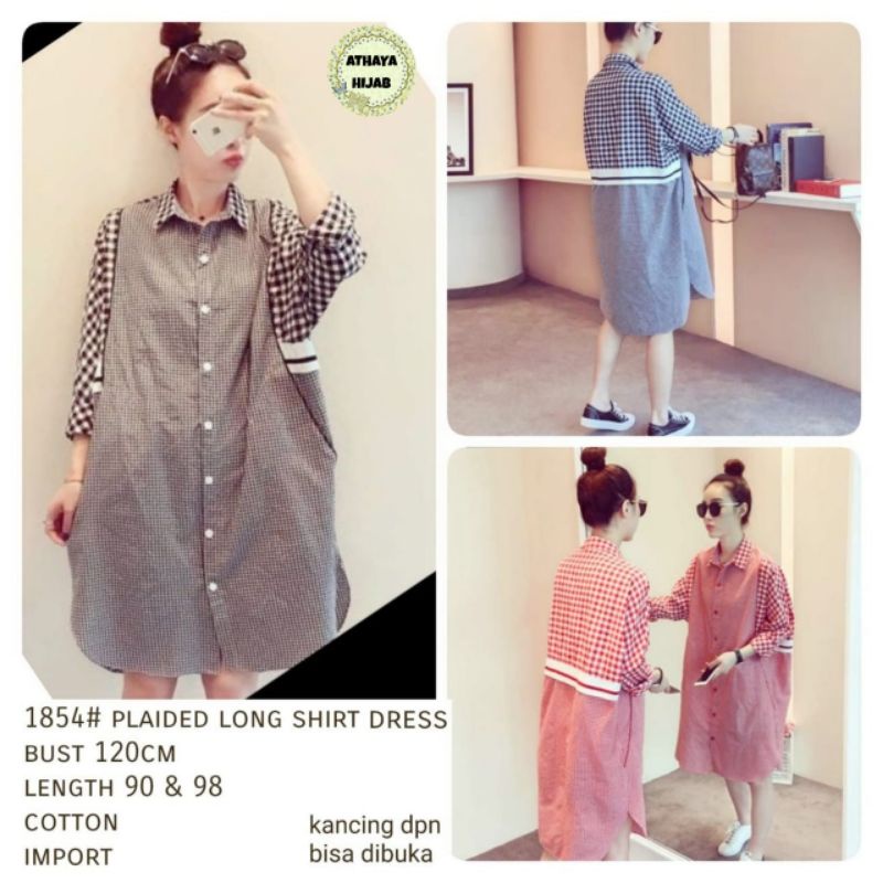 Plaid Long Shirt/Dress Midi/Tunik Motif Kotak-Kotak Wanita Terbaru Korean Style Kekinian Allsize Bes