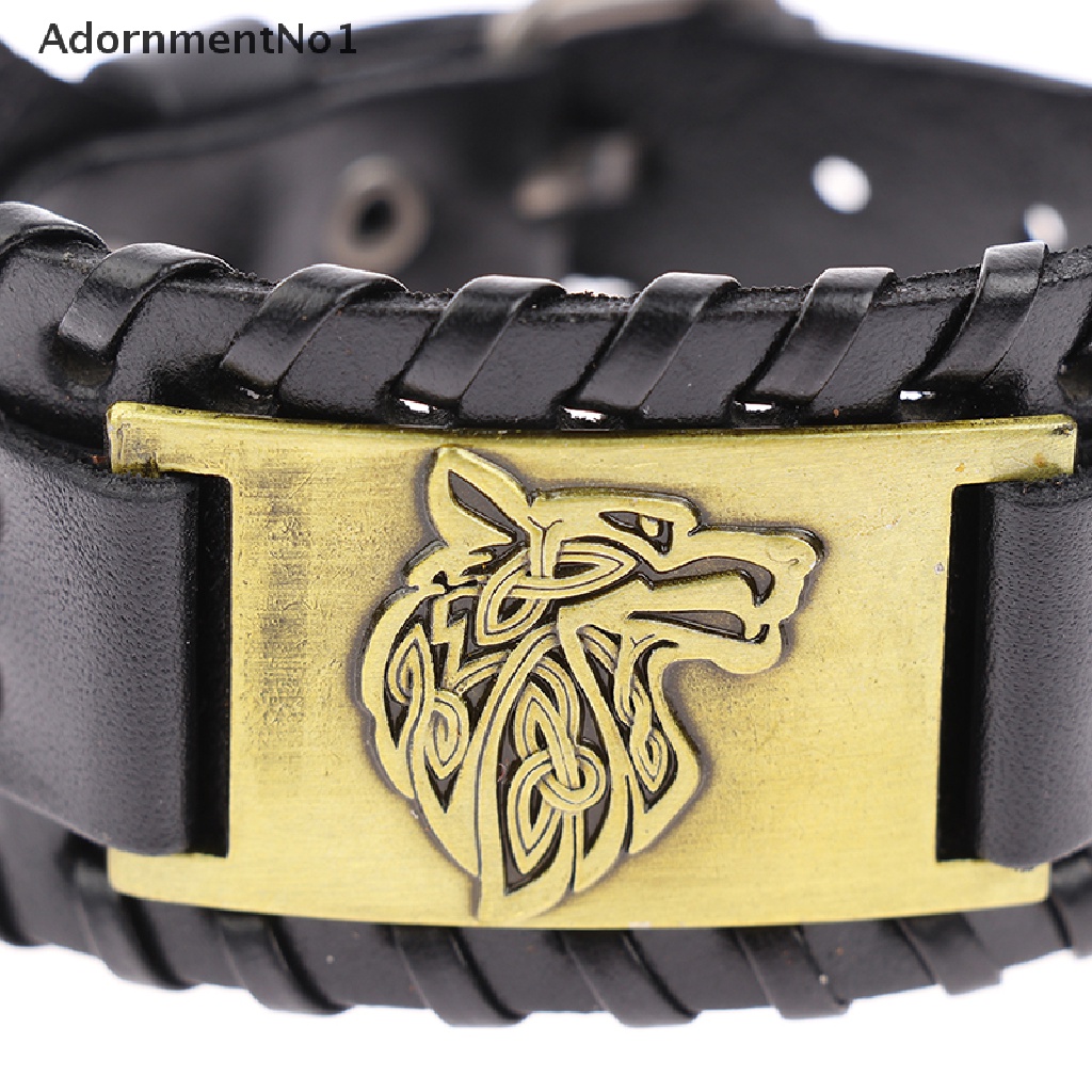 (AdornmentNo1) Gelang Tangan Kulit Lebar Adjustable Motif Kepala Serigala Gaya Punk Untuk Pria