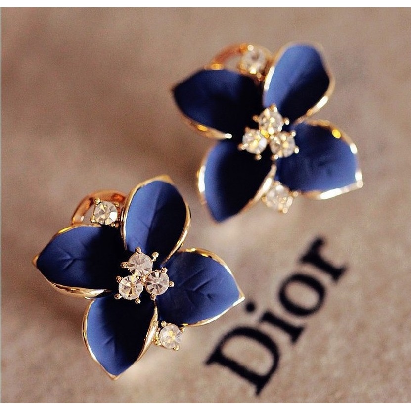 Anting Klip Desain Camellia Sapphire Biru Tiga Dimensi