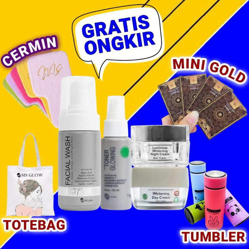 MS GLOW Paket Free Bonus Pouch/Dompet Kosmetik/Ecer Whitening Night Cream/Luminous/Malam Ultimate/Kr