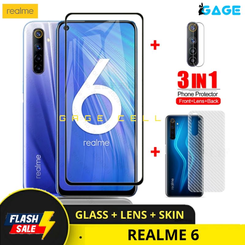 3IN1 TEMPERED GLASS LAYAR KAMERA SKIN CARBON REALME 6 REALMI 6 TG ANTI GORES FULL SCREEN PROTECTOR