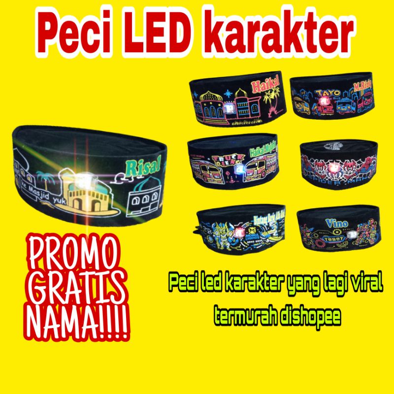 Songkok, peci, kopyah led anak karakter (gratis nama)