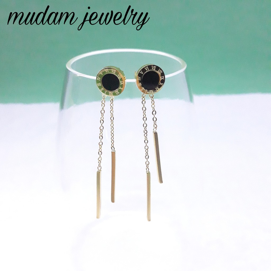 Anting Titanium Romawi Bulat Hitam Roman Juntai Gold dan Rose Gold