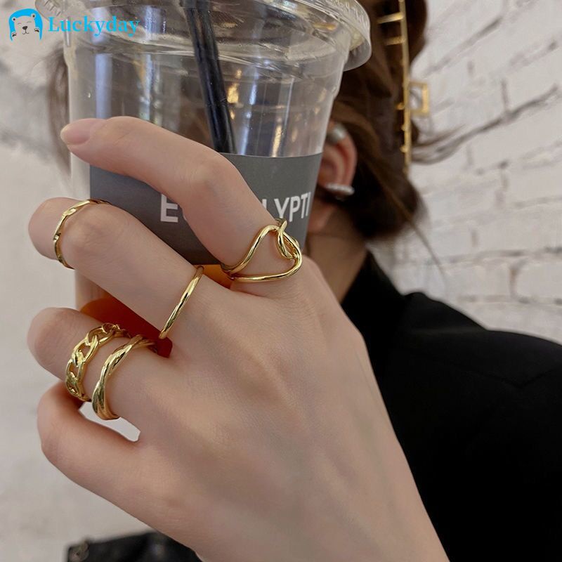 YEEZII 5pcs / Set Cincin Model Terbuka Adjustable Warna Emas Gaya Retro Untuk Wanita