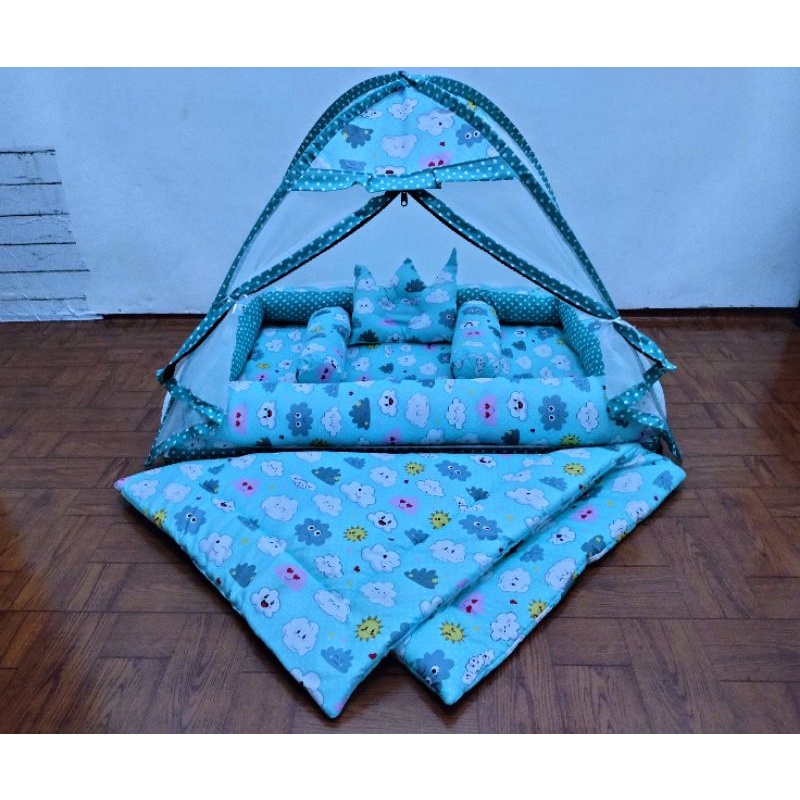 Kasur Bayi Kolam Kulambu tenda Motif karakter set selimut-Awan toska + selimut