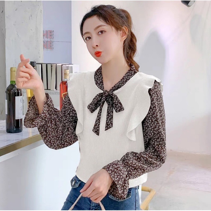 Tq88indonesia Fashion Blus Wanita Kombinasi Lengan Panjang Terbaru  /  Belvy Tie Neck Knit Top /  Ootd / Baju Santai Cewek / Baju Atasan Wanita Kekinian