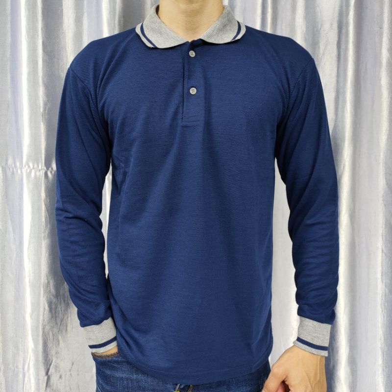 Kaos Kerah polos lakos lengan panjang uk M L XL XXL XXXL-Krah Navy PJG