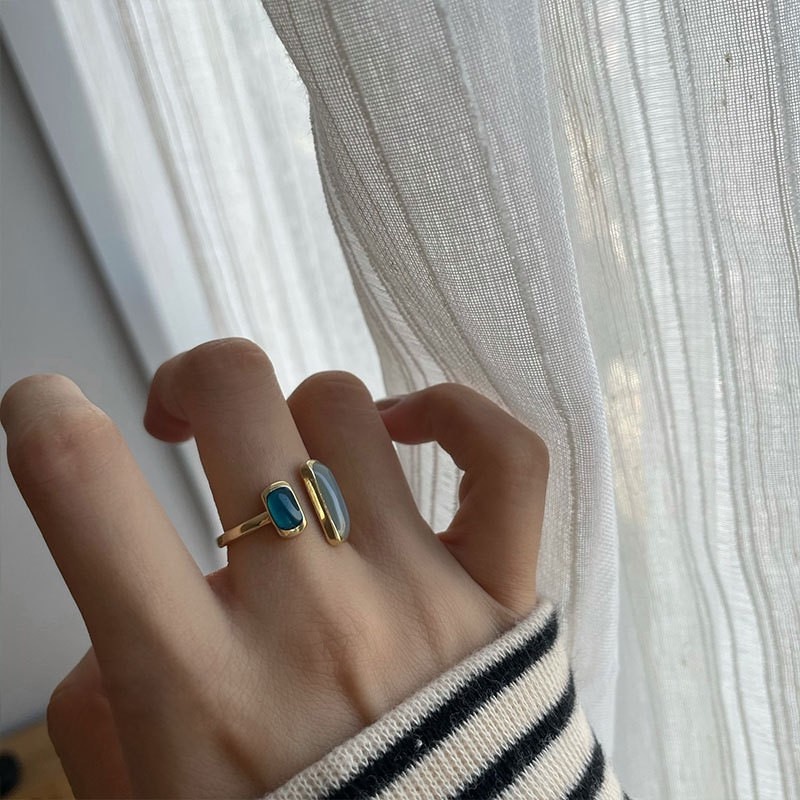 Cincin Model Terbuka Desain Geometri Warna silver Gaya retro Untuk Wanita