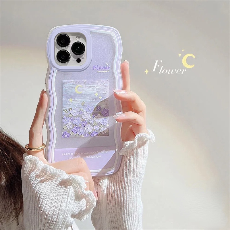 Soft Case Pelindung Lensa Kamera Motif Lukisan Bunga Warna Ungu Untuk iPhone 14 13 12 11 Pro Max X Xr Xs Max 8 7 6 6s Plus