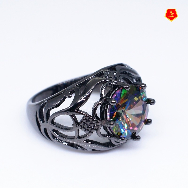 [Ready Stock]Fashion Colorful Moissanite Hollow Ring Creative Black Gold