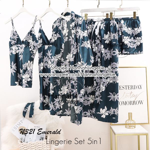 Lingerie M-XXL 5in1 Baju Tidur Seksi Satin Silk Isi Untuk Kado Suami Istri Seserahan Malam Pertama N321 Floral Mewah