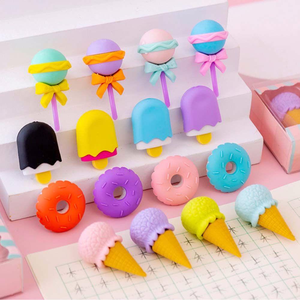 Lanfy Eraser Hadiah Anak Sketsa Lukisan Novelty Dessert Shape Eraser Lollipop Popsicle Perlengkapan Sekolah Ice cream Erasers Set