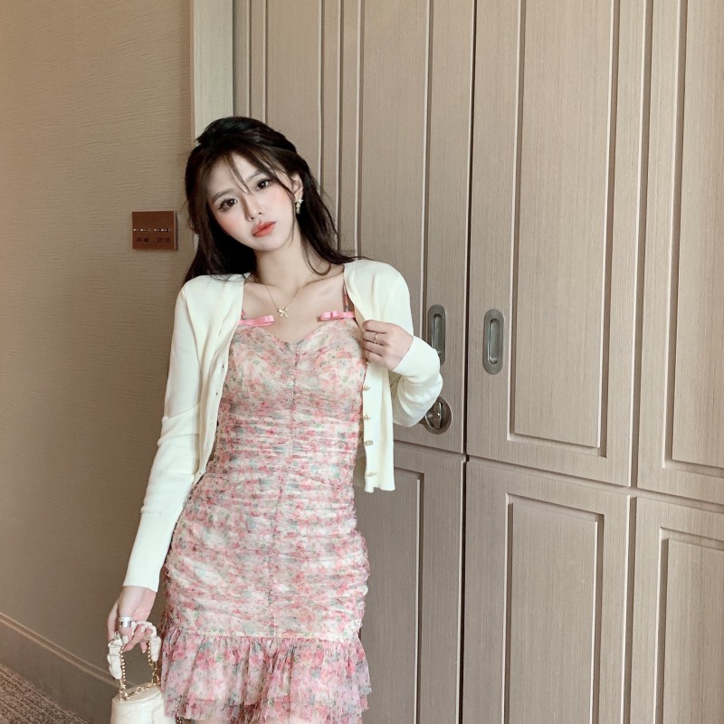 gaun gaya korea jahitan mesh floral lipit busur sling dress tas daun teratai hip rok pendek wanita