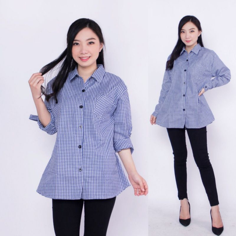 Kemeja Wanita Basic Lengan Panjang Katun Kotak Trendy/ Atas Wanita-Biru