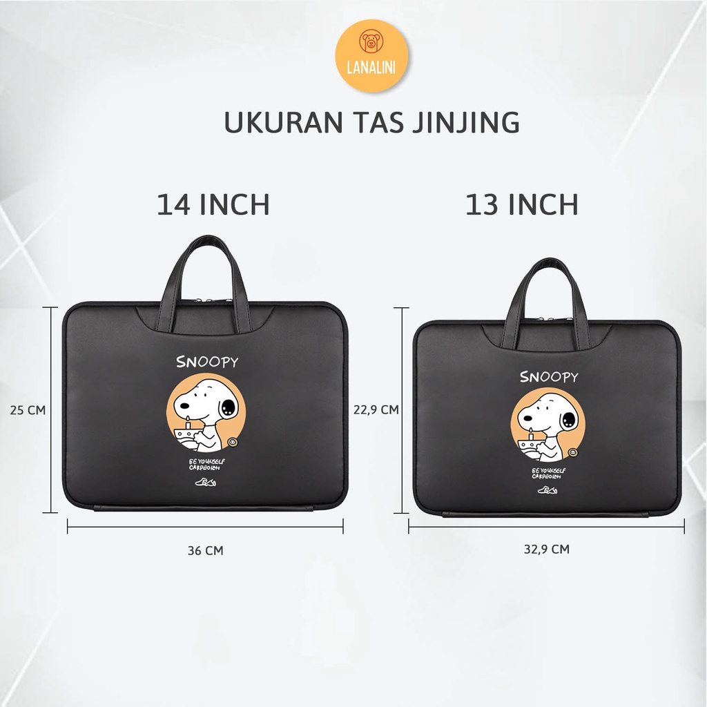 Sleeve Pouch Sarung Tas Bag Case Ipad Tab Tablet Macbook Air Pro Laptop Asus Acer Lenovo HP Huawei 11 12 13 14 15 inch Motif Gambar Kartun Cartoon Snoopy Kotak Warna Hitam Black Cute Murah Korean Model Jinjing Tali Strap Waterproof Tahan Air