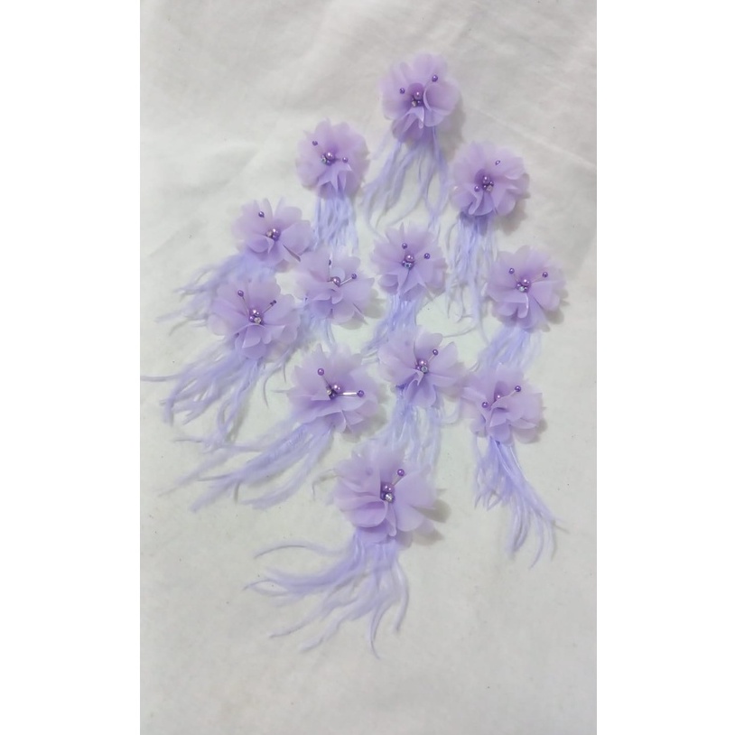 Lopi Juntai Bulu Ostrich bunga 3D Organza, bunga organsa 3D Juntai Bulu Ostrich banyak Variasi Warna