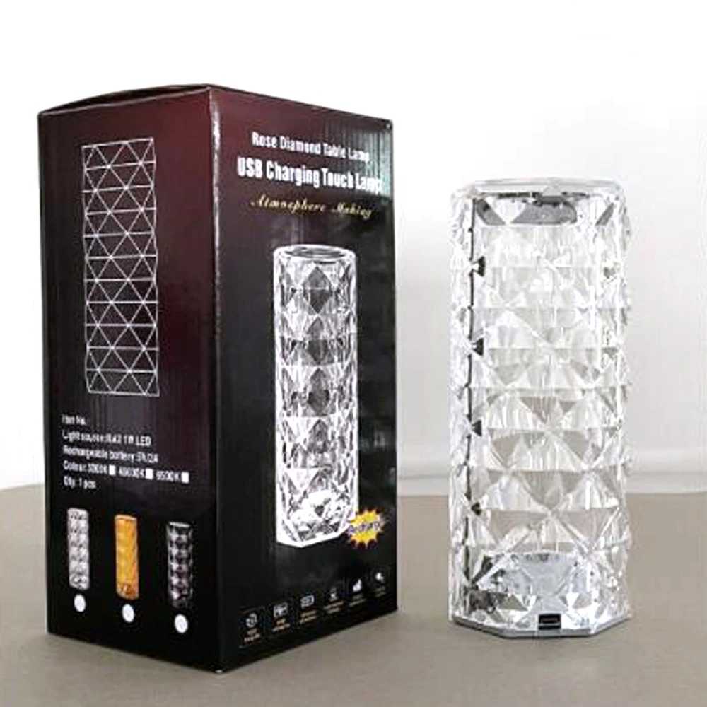 Lampu Meja Tidur LED Crystal Table Lamp 3 Color Light Desain Mewah Sensor Sentuh Tenaga USB Dekorasi Minimalis