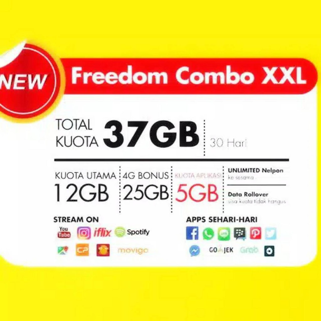 Paket Data Kuota Internet Indosat Freedom Combo Xxl 37gb 12 Gb 25 Gb 4g Shopee Indonesia