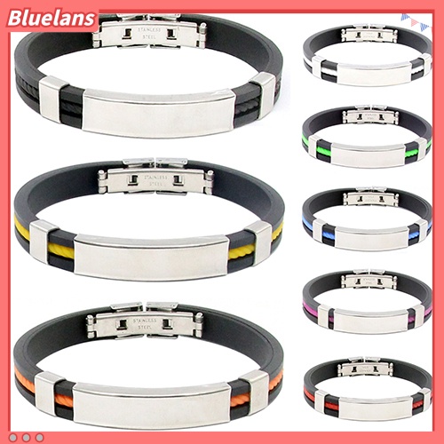 Bluelans Men Women Cool Stainless Steel Rubber Wristband Bangle Clasp Cuff Bracelet