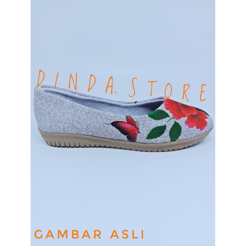 DINDA - SEPATU WANITA SLIP ON PRINTING FLOWERS ROSE BEST SELLER MURAH - ABU