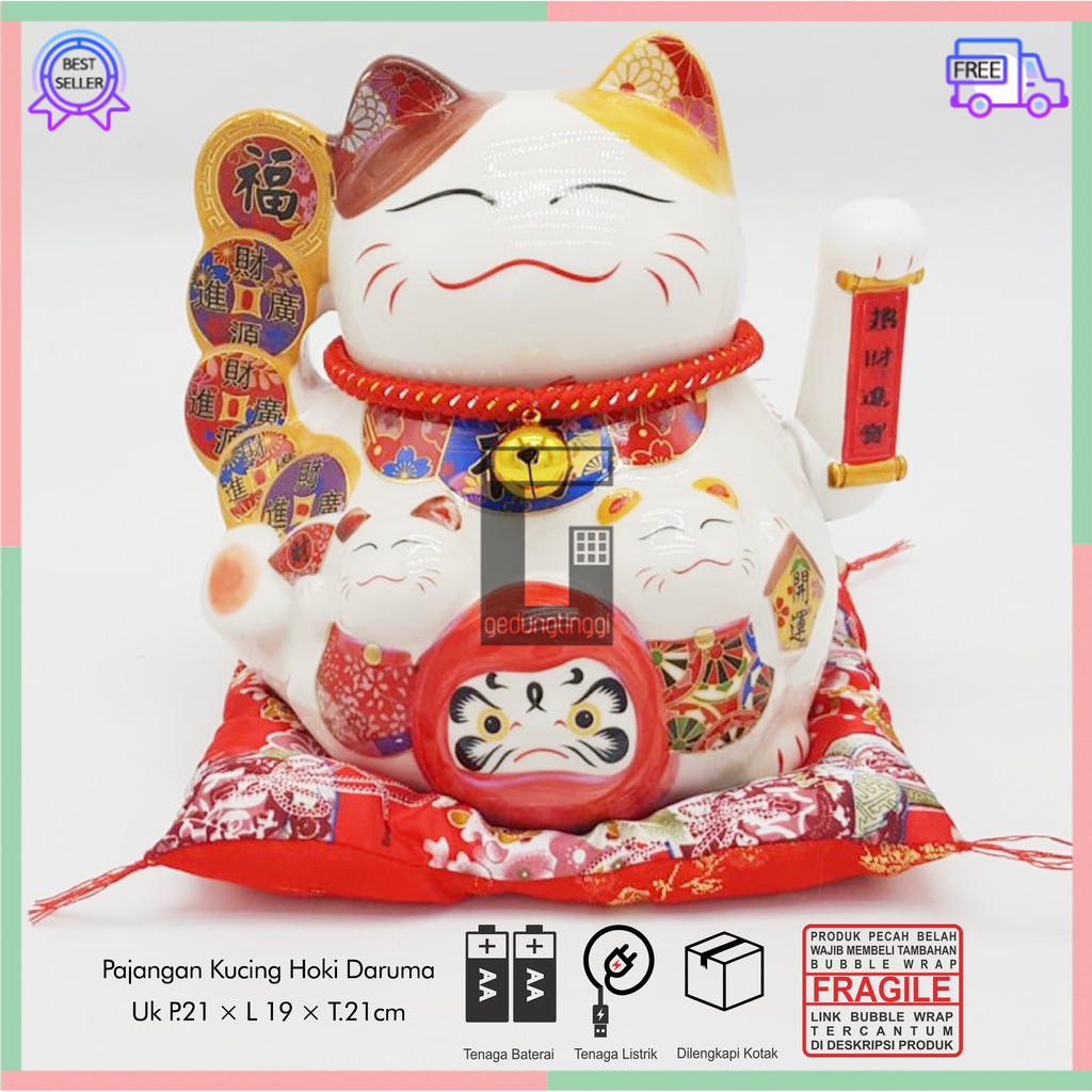 Pajangan Patung Hiasan Dekorasi Boneka Kucing Panggil Hoki Maneki Neko Maneko Neki Lucky Cat Rejeki Rezeki Keberuntungan Daruma Keramik Cina China Jepang Baterai Batrai Batre Listrik Tangan Gerak Goyang Hias Meja Etalase Toko Kantor Resto Cafe Kafe Murah