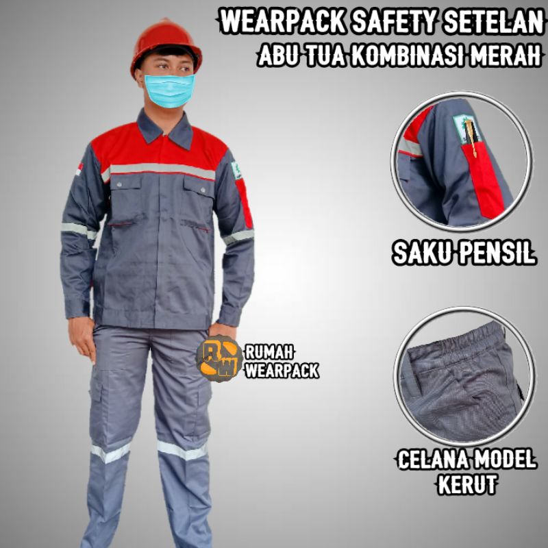 Setelan Wearpack Safety dan Celana Safety Abu Tua Kombinasi Merah