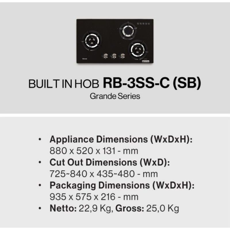 Built-In Gas Hob Kompor Gas Tanam 3 Tungku Rinnai RB 3 SS C SB