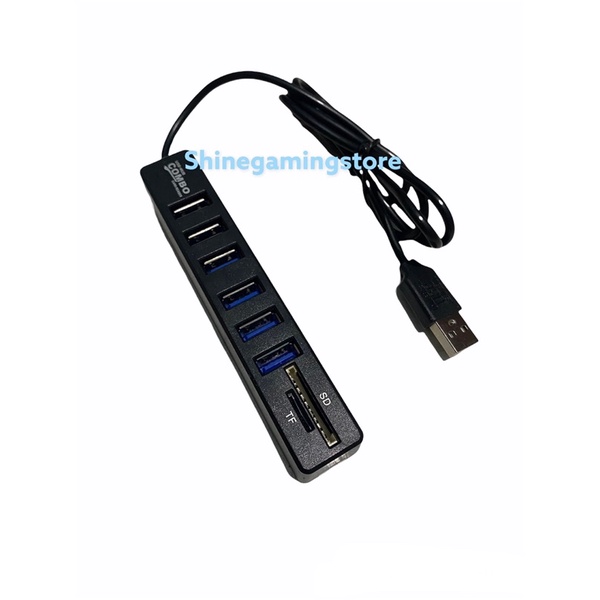 2 in 1 USB 6 Port Hub SDcard Charger 6port Combo Card Reader colokan kabel data PC SD/TF Card dongle - Black