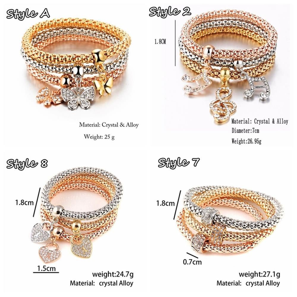 3pcs / Set Gelang Liontin Kupu-Kupu Aksen Kristal Berlian Imitasi Warna Emas Perak Untuk Pria Dan Wanita