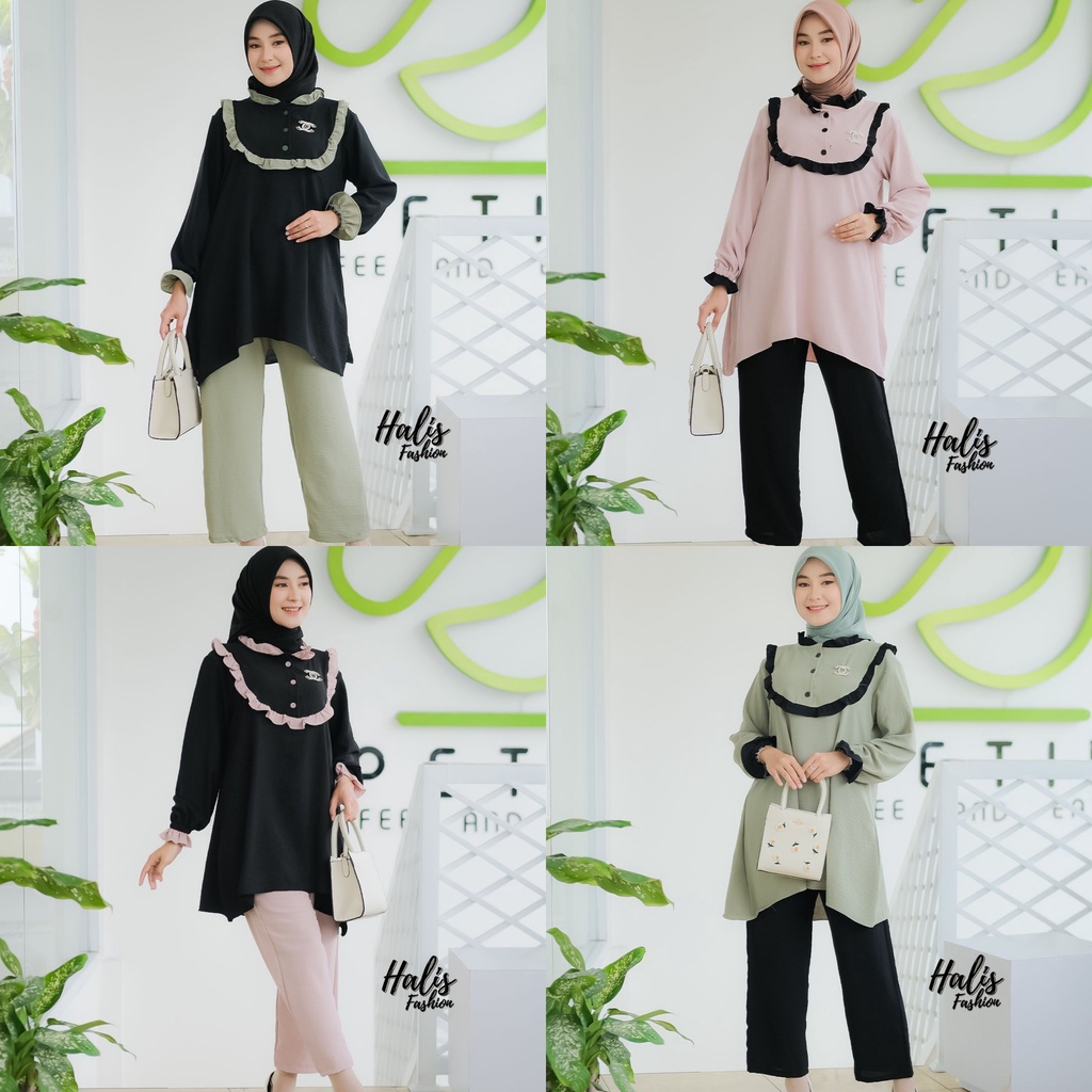 ONESET ZARA ZAHRANA HALIS DEWASA DAN ANAK Cringkel TUNIK + CELANA Model Rempel Dada Warna Cantik