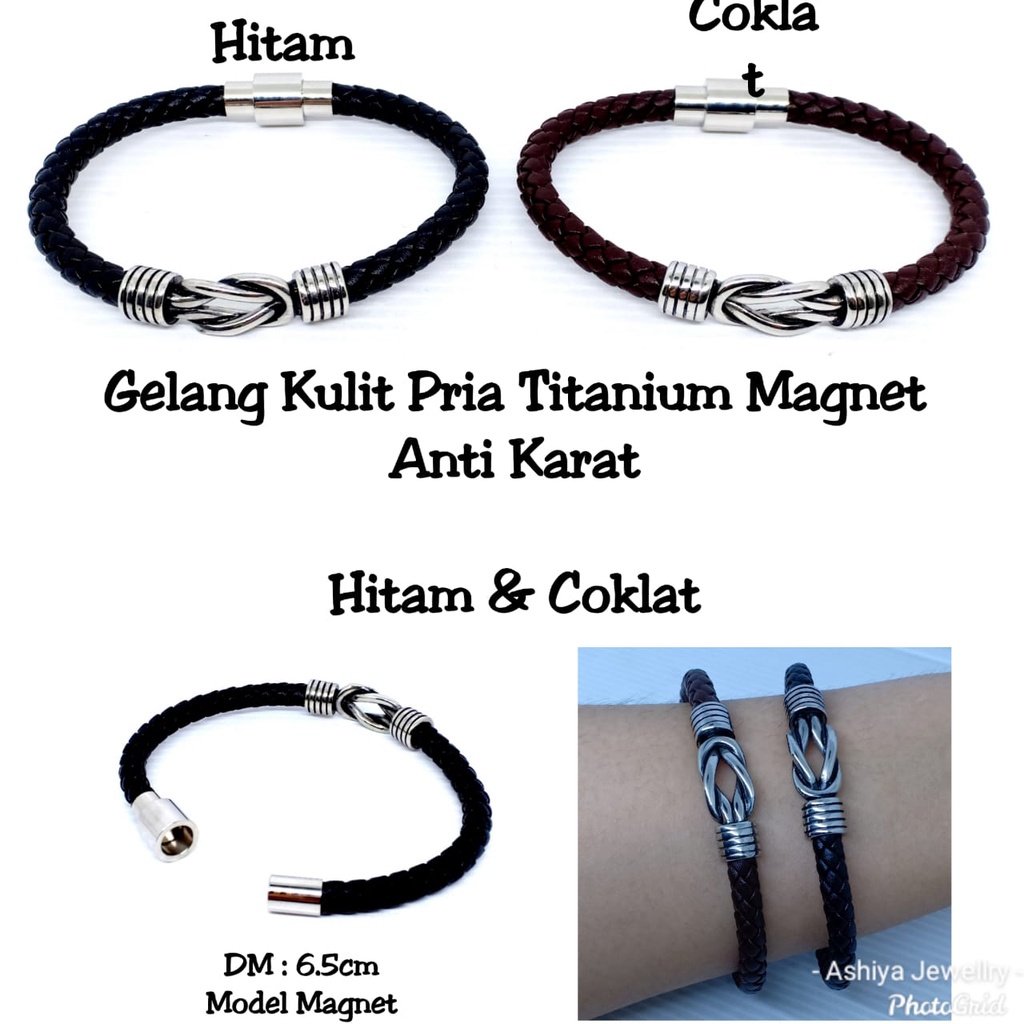 Gelang Kulit Pria Branded Titanium Magnet Anti Karat GL519