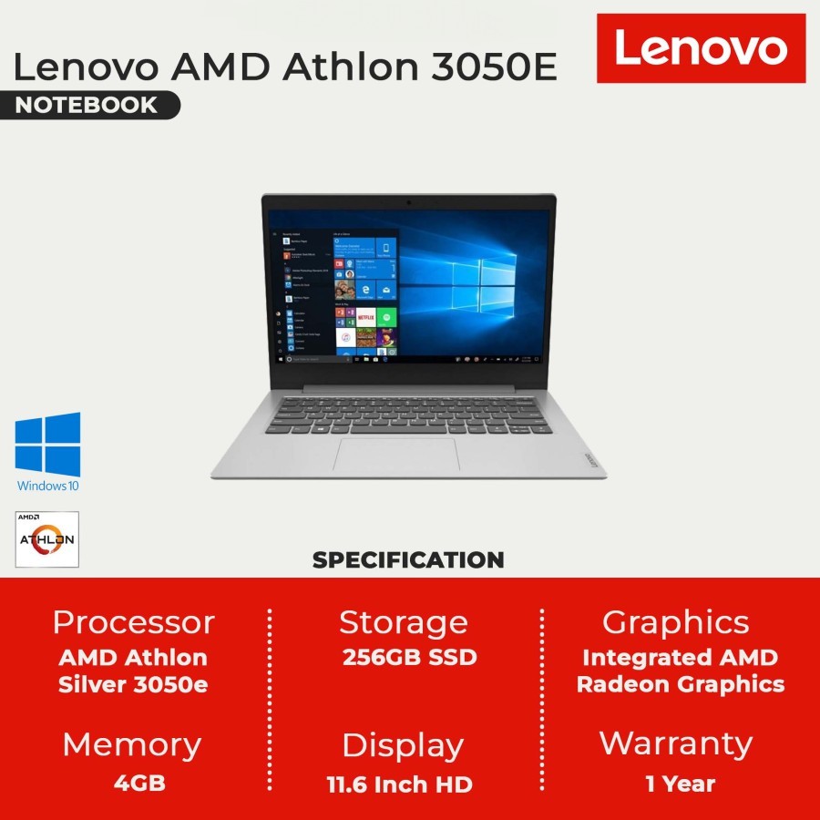 Lenovo AMD Athlon 3050E 4GB 256GB SSD 11.6 inch WIN10 Home